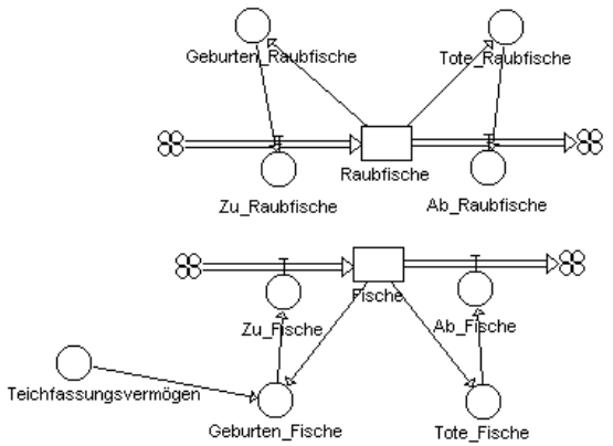 Raubfische und Fische leben friedlich nebeneinander